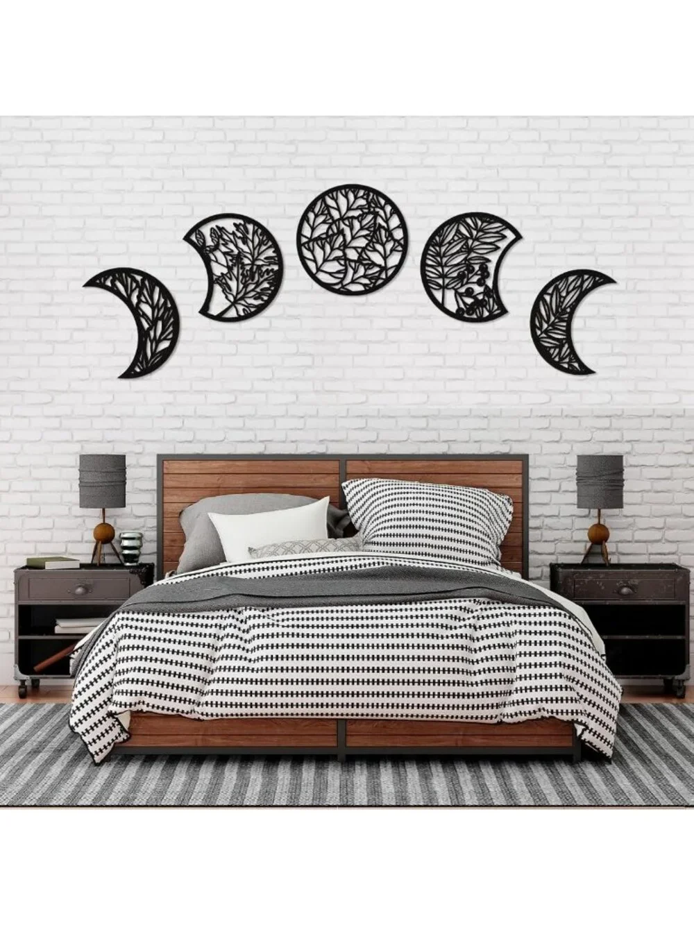 5 Pcs Moon Phase Wall Art Decor - Boho Lunar Aesthetic Wooden Hanging Decor